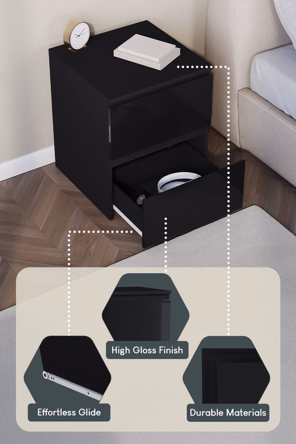 HD Designs Glinton High Gloss 2 Drawer Bedside Chest in Black – 5