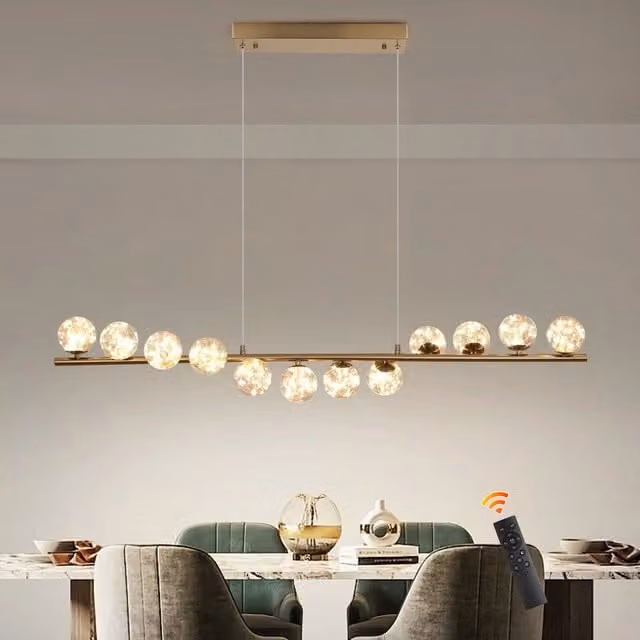 Garwarm 12 LED Dimmable Linear Kitchen Island Pendant Light in Gold/Brass with Remote Control and Height Adjustment