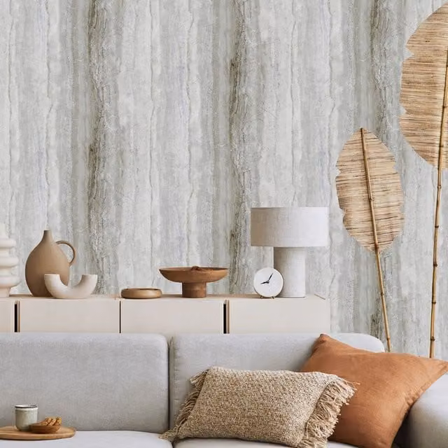 Debona Abstract Vertical Marble Textured Wallpaper in Grey, Gold and Beige