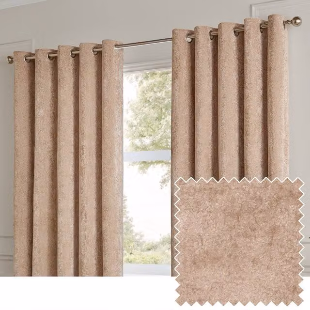 Paoletti Lustre Velvet Eyelet Curtain Pair in Beige, Width: 168 cm, Drop: 229 cm