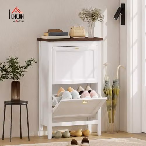 HOMCOM Modern White Shoe Cabinet with Tilting Compartments and Internal Shelves – 2