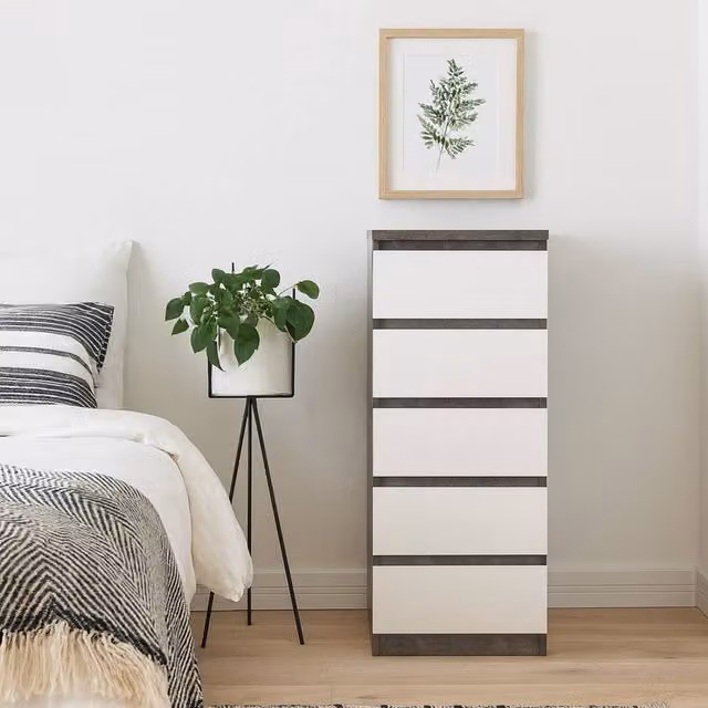 Wyld Haus Budapest Narrow 5 Drawer Chest of Drawers in White and Concrete Effect