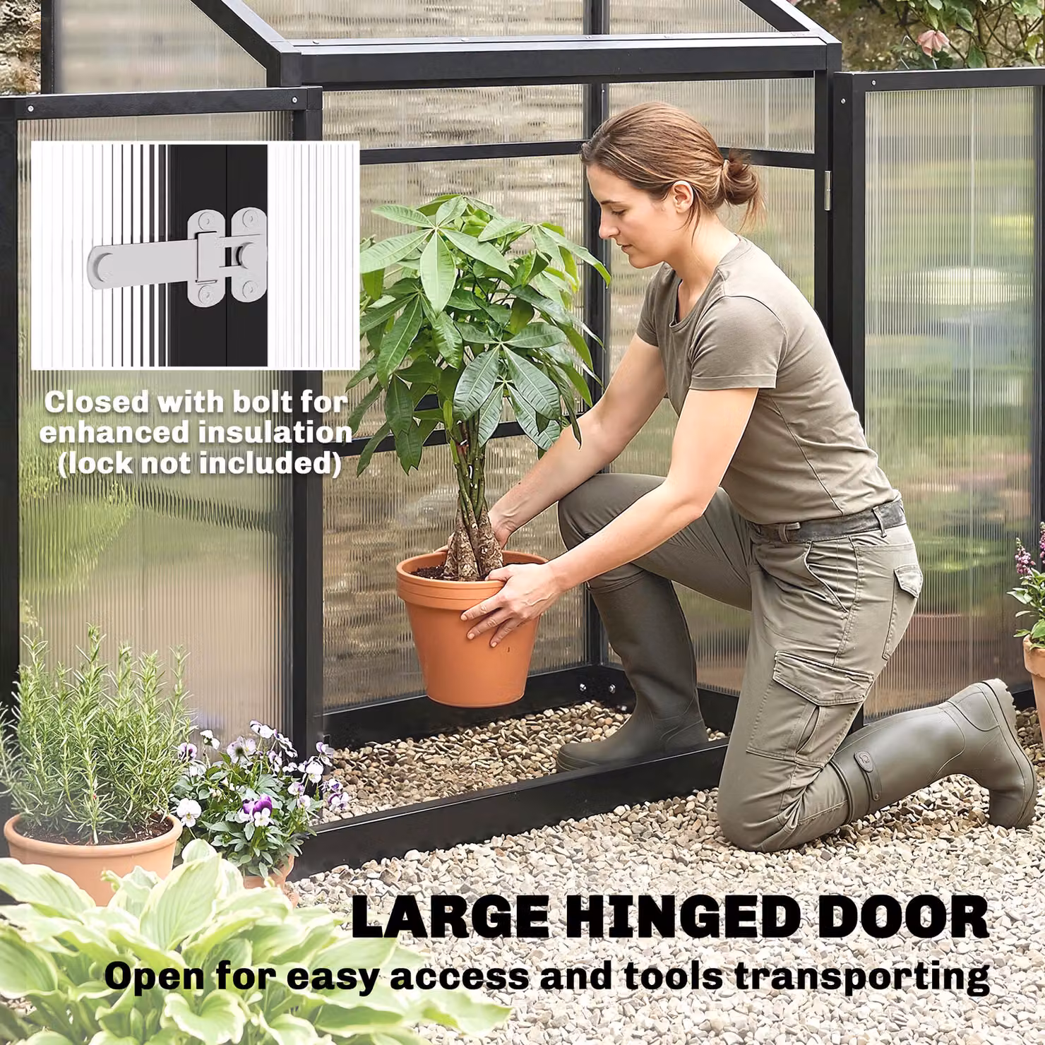 Outsunny Black Polycarbonate Lean-to Walk-in Greenhouse with Hinged Door and Top Vent, W/D/H: 121.92 x 60.96 x 155 cm – 7