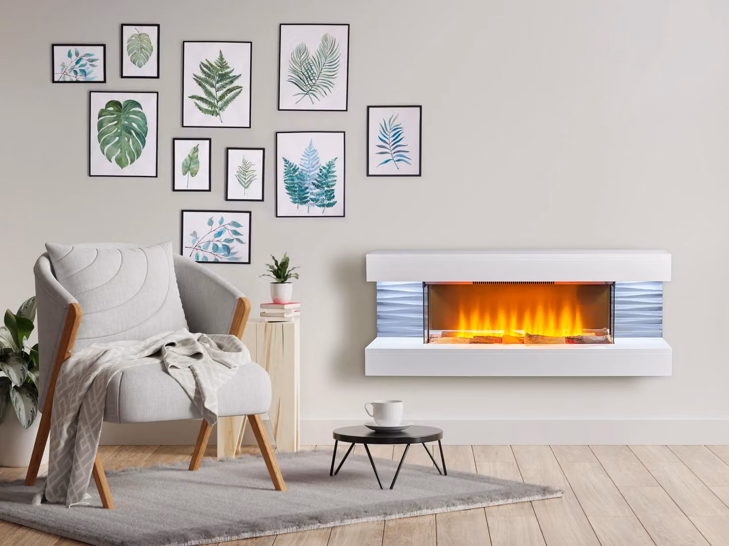Sureflame WM-9332 Electric Wall Fireplace Suite with Downlights and Remote in Pure White – 3