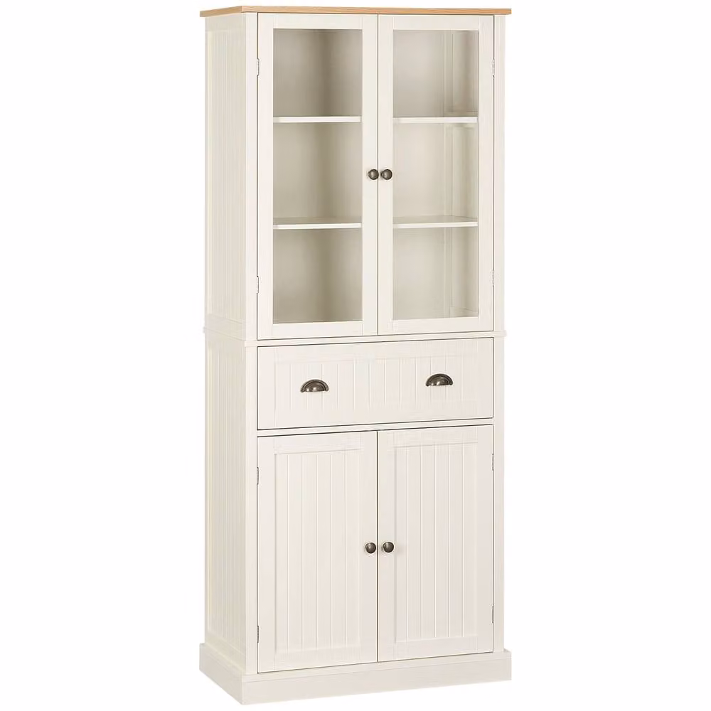 Wyld Haus Tall Kitchen Pantry Cupboard in White and Beige with Glass Doors and Drawers, H 182.5 x W 76.0 x D 40.0 cm – 2