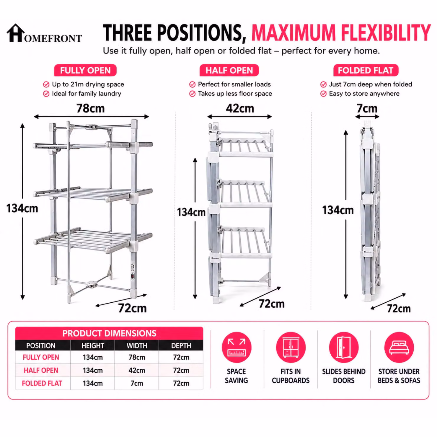 Homefront Electric Heated Clothes Airer Dryer, 3 Tier Foldable Metal Indoor Drying Rack in White – 2