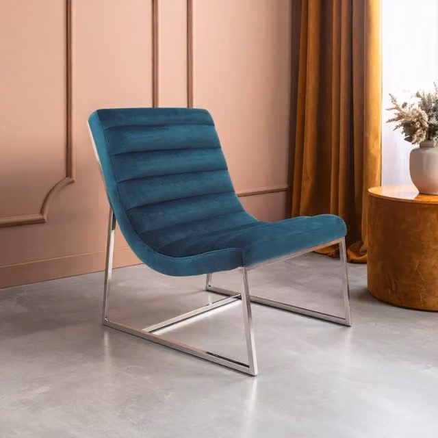 Orsina Blue Velvet Tub Lounge Chair with Silver Metal Frame – 1