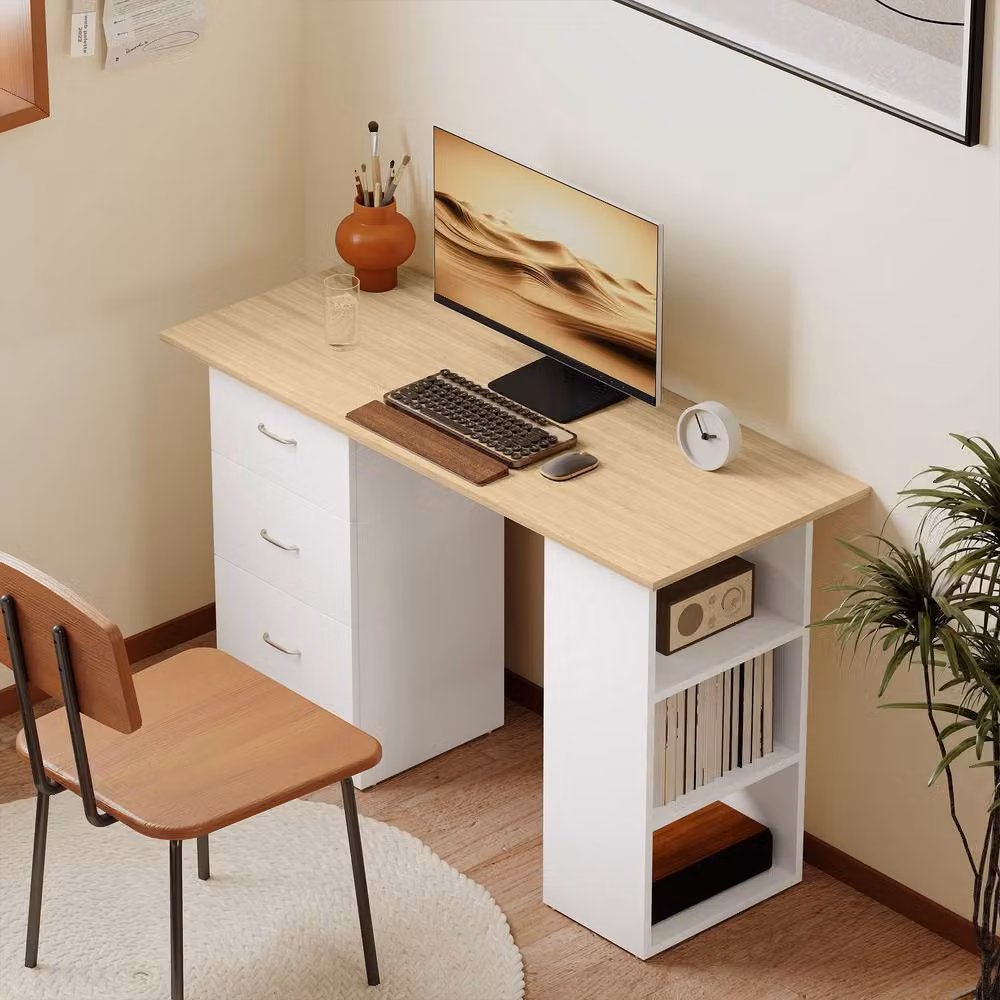 STILVORA Modern Computer Desk with 3 Drawers and Shelves in Brown and White, W: 120 cm, H: 72 cm – 2