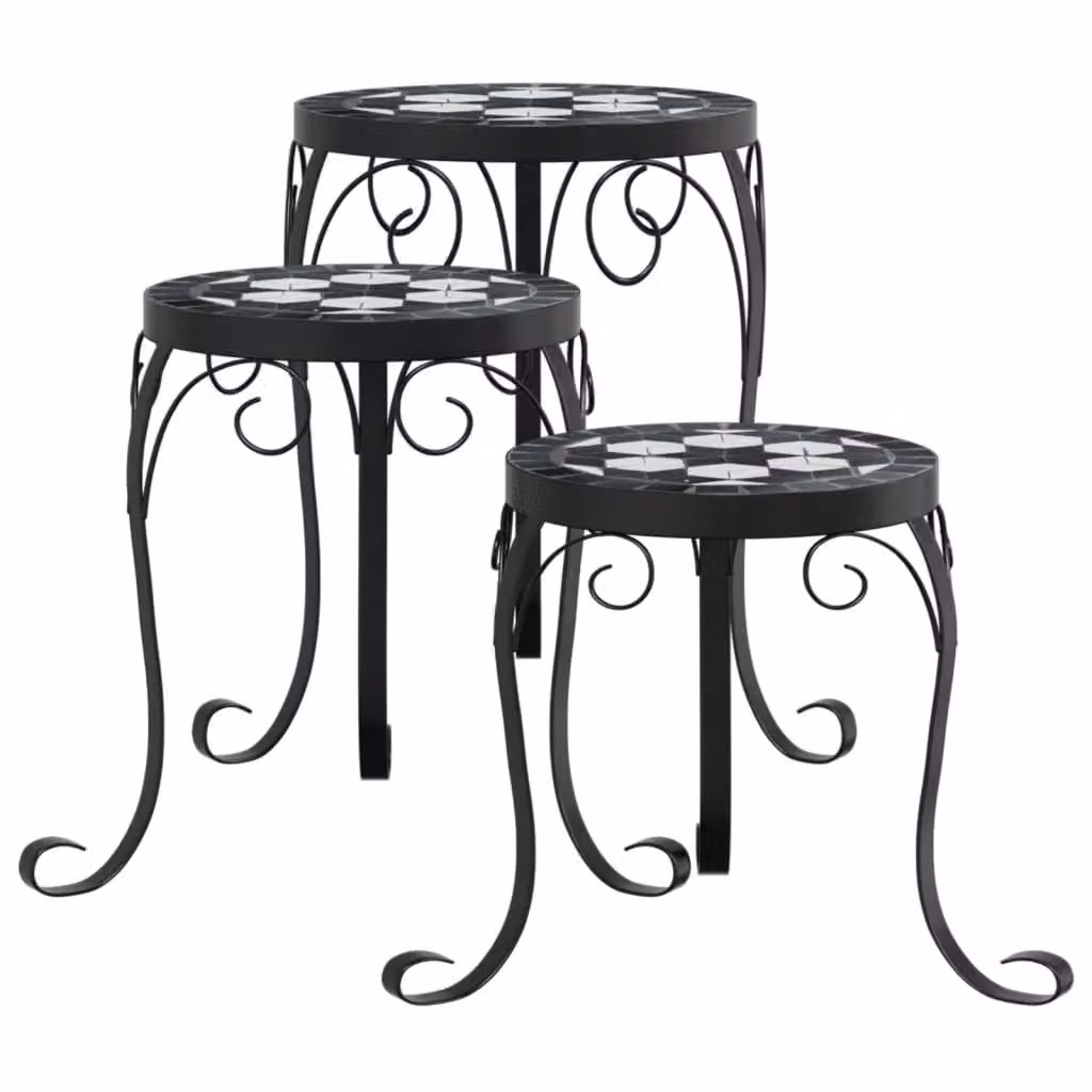 Berkfield Home Set of 3 Geometric Ceramic and Metal Tabletop Plant Stands in Black and White – 2