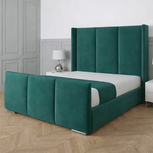 UK Bed Furniture Miami Wingback Upholstered Velvet Bed in Green, Super King, W/D/H: 200 x 200 cm