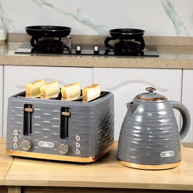 HOMCOM Grey Kettle 1.7 l and 4 Slice Toaster Set