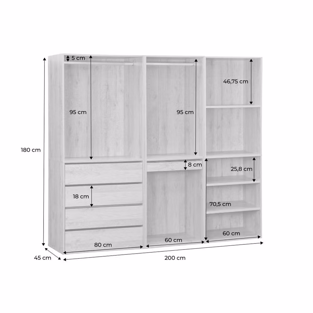 sweeek Modular Dressing Kit with 3 Elements in Dark Brown and White, featuring Integrated Drawers and a Trouser Rack, W/D/H: 200 x 45 x 180 cm – 4