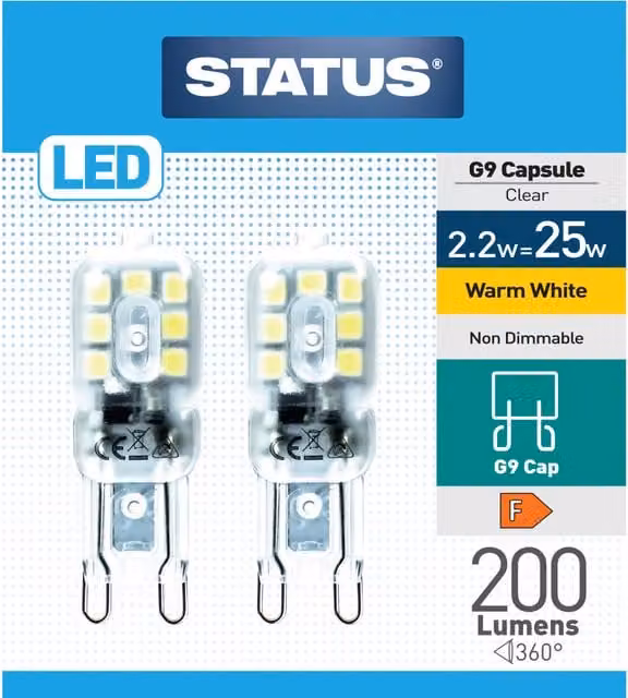 Status Pack of 2 Warm White Transparent Glass G9 LED Capsule Decorative Lightbulbs