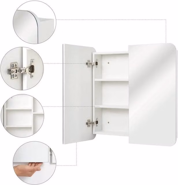 FORGEVIO Modern White Glossy Wall Mounted Bathroom Cabinet with Glass Soft Close Doors and LED Lighting