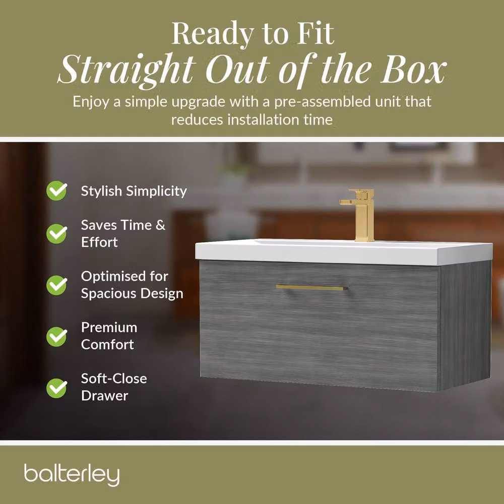 Balterley 800mm Wall Hung 1 Drawer Vanity in Woodgrain Anthracite Grey with Brass Handle – 4
