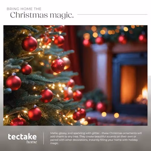tectake 24-Pack Red Christmas Baubles with Glossy, Matt and Glittery Finishes and Golden Loops – 7