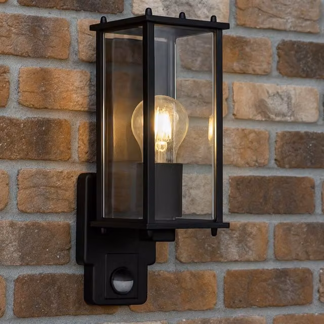 CGC Lighting Black Outdoor Wall Lantern with PIR Motion Sensor and Transparent Bevelled Glass – 6