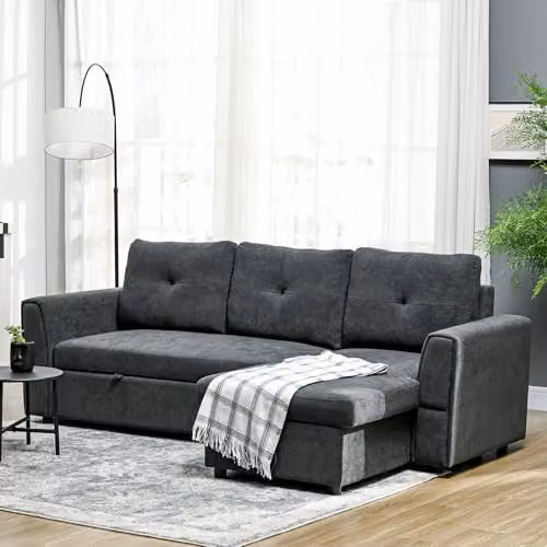 HOMCOM L-Shaped 3 Seater Pull Out Sofa Bed with Storage in Grey – 2