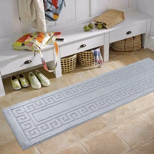 RugsbyDesire Ivy Greek Key Design Anti Slip Washable Runner, Silver, W: 60 cm, L: 220 cm