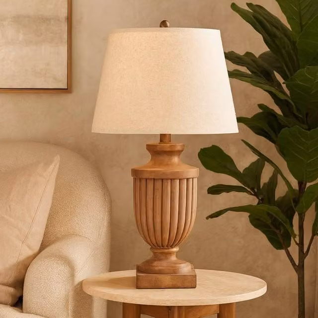 Wyld Haus Auberville Fluted Wooden Table Lamp in Brown with Beige Fabric Shade – 1