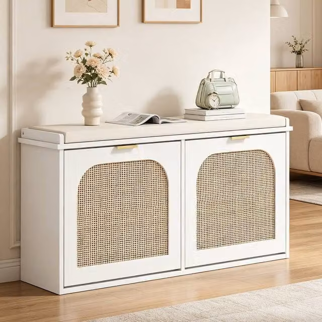 ERGOVEXA Boho Shoe Storage Bench with Padded Fabric Seat and 2 Flip Drawers in White – 1