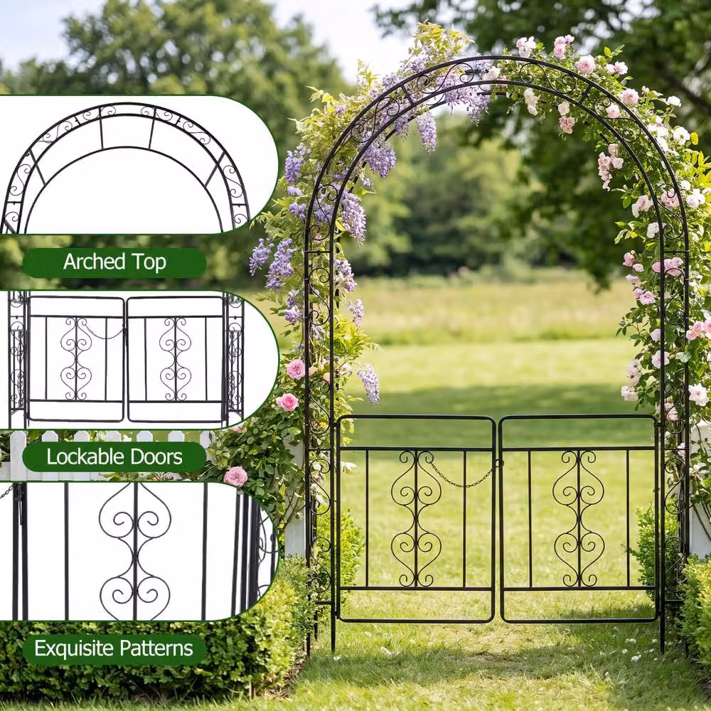 Gymax Metal Garden Archway Arbour with Lockable Doors and Plant Trellis, Black, H 213.0 x W 135.0 x D 60.0 cm – 8
