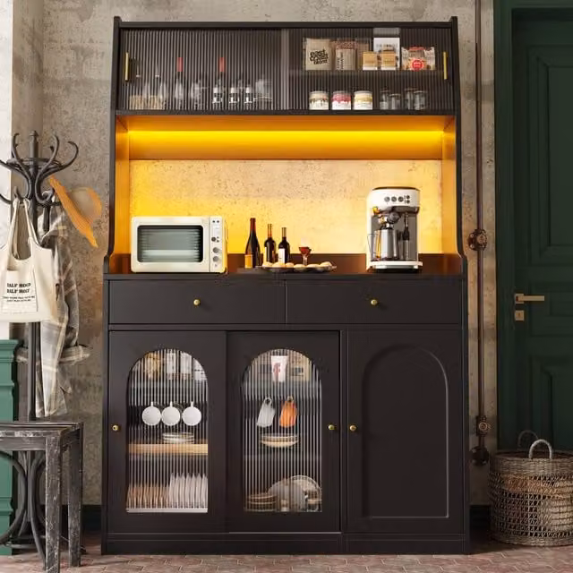 ModernLuxe Matt Black Kitchen Tall Unit with Integrated LED Lighting and Glass Doors, H 180 x W 120 x D 40 cm – 1