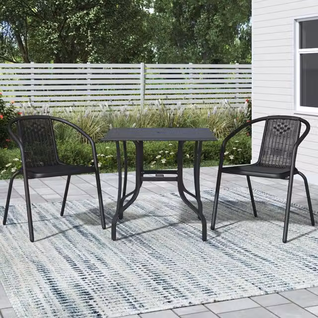 Breeins Modern Garden Set with Matt Black Metal Slatted Coffee Table and 2 Rattan Chairs