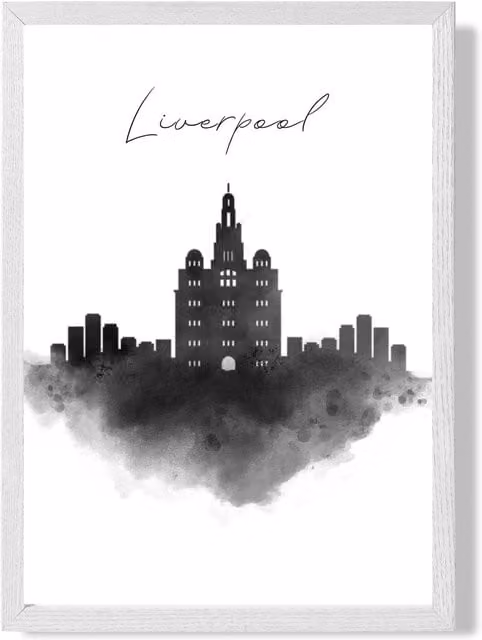 ARTZE Liverpool Watercolour Skyline City Framed Print, Black and White