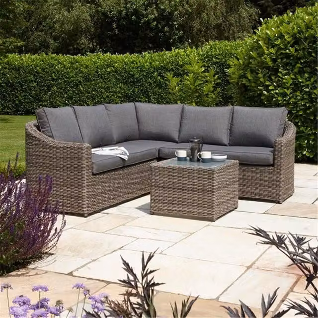 Cheshire 5 Seater Grey Polyrattan L-Shape Garden Lounge Corner Set with Fabric Cushions – 1
