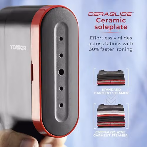 Tower Handheld Garment Steamer with Ceramic Soleplate and Brush Attachment, 1400W, Black and Red – 4
