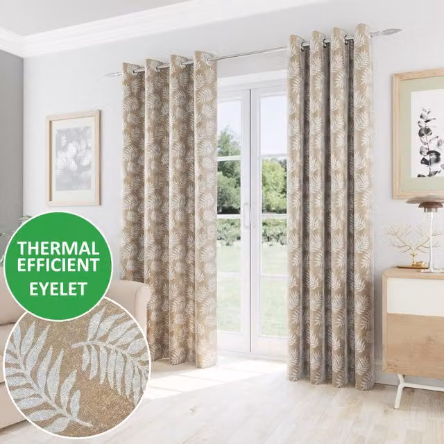 Oakland Thermal Eyelet Curtains with Floral Pattern in Beige and Brown, Height: 229 cm