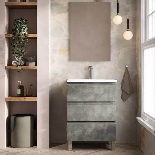Banyetti Vatilla 600mm Floorstanding Vanity Unit with Lira Basin, Cemento Grey, W: 60.0 cm, D: 45.0 cm, H: 84.0 cm – 1