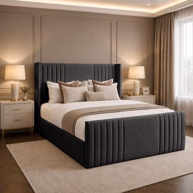 Desire Deco Carolyn Wingback Upholstered Panel Bed Frame in Charcoal Grey Velvet, King Size (180 x 200 cm)