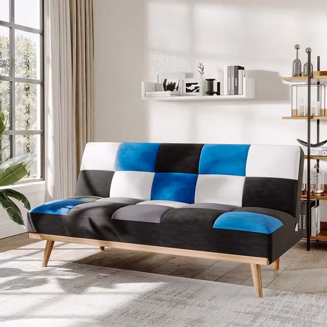 Livingandhome Blue Multicolour Patchwork Fabric 3-Seater Click Clack Sofa Bed
