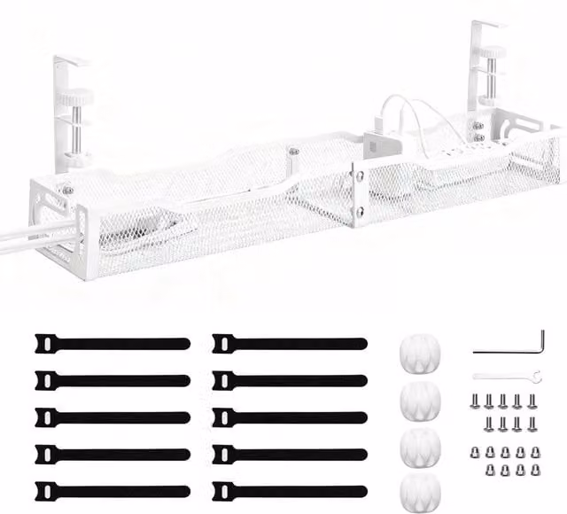 Nordara White Matt Metal No Drill Under Desk Cable Management Tray
