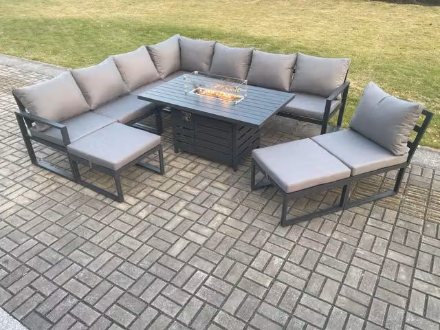Fimous Aluminium Outdoor Garden Furniture Set with Lounge Corner Sofa, Gas Fire Pit Dining Table and 2 Footstools in Dark Grey