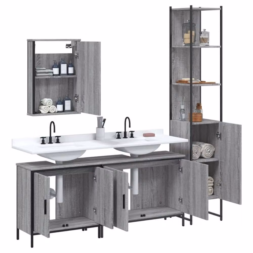 Berkfield Home 4 Piece Grey Bathroom Furniture Set with Mirror Cabinet, Vanity Unit and Tall Cabinet – 2