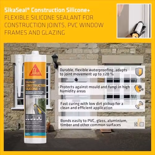 Sika SikaSeal Construction Silicone+ Anti-Mould Sealant, White, 295ml – 3