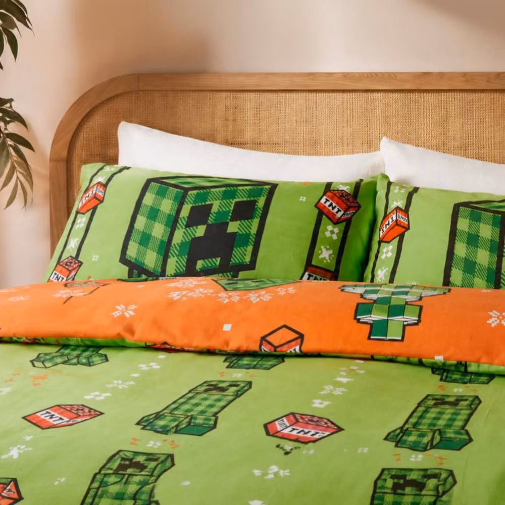 OHS Kids Minecraft Reversible Microfibre Duvet Cover Set, Green, W: 140 cm, L: 200 cm – 2