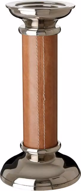 Orsina Metal and Leather Tabletop Candle Holder for Pillar or Taper Candles in Silver and Brown