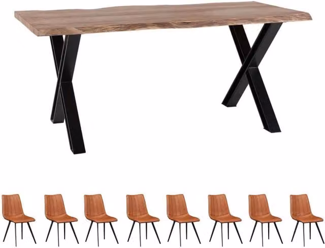 IH Design Live Edge Acacia Wood and Metal Rectangular Dining Table Set with 8 Chairs in Brown