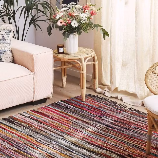 Wyld and Coco Handwoven Striped Cotton and Polyester Area Rug with Fringes, Multicolour, W: 140 cm, L: 200 cm