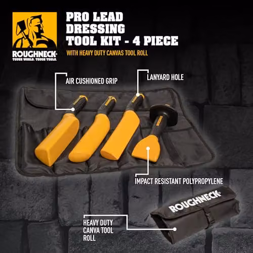 Roughneck Pro Lead Dressing Set in Black and Yellow with Dresser, Bossing Stick, Setting-in Stick and Chasing Wedge in Fabric Roll for Shaping Lead, Copper, Zinc and Aluminium – 3