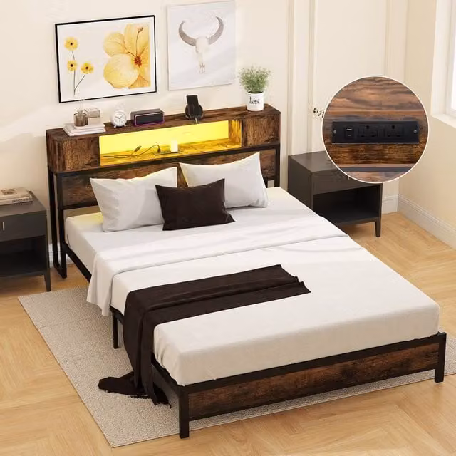 Costway Double Size Metal Platform Bed Frame in Brown with LED Lights, USB Charging Port and Side Compartments, W/D/H: 140 x 200 cm – 1