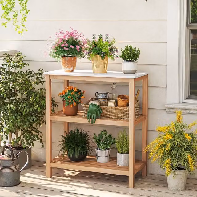 COSTWAY Rustic Acacia Wood Garden Potting Work Table in Brown and Beige
