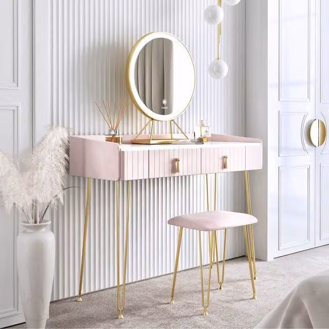 CARME Tokyo Glow Velvet Dressing Table with LED Hollywood Mirror in Pink, Gold and White