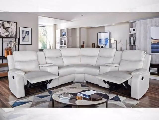 DS Living Ravello 5 Seater L-Shape Reclining Sofa in Cream Synthetic Leather with Cup Holders