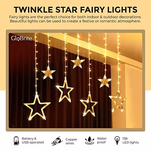GloBrite Christmas Curtain Lights with 12 Stars and 138 Warm White LED Lights for Indoor Decoration – 11