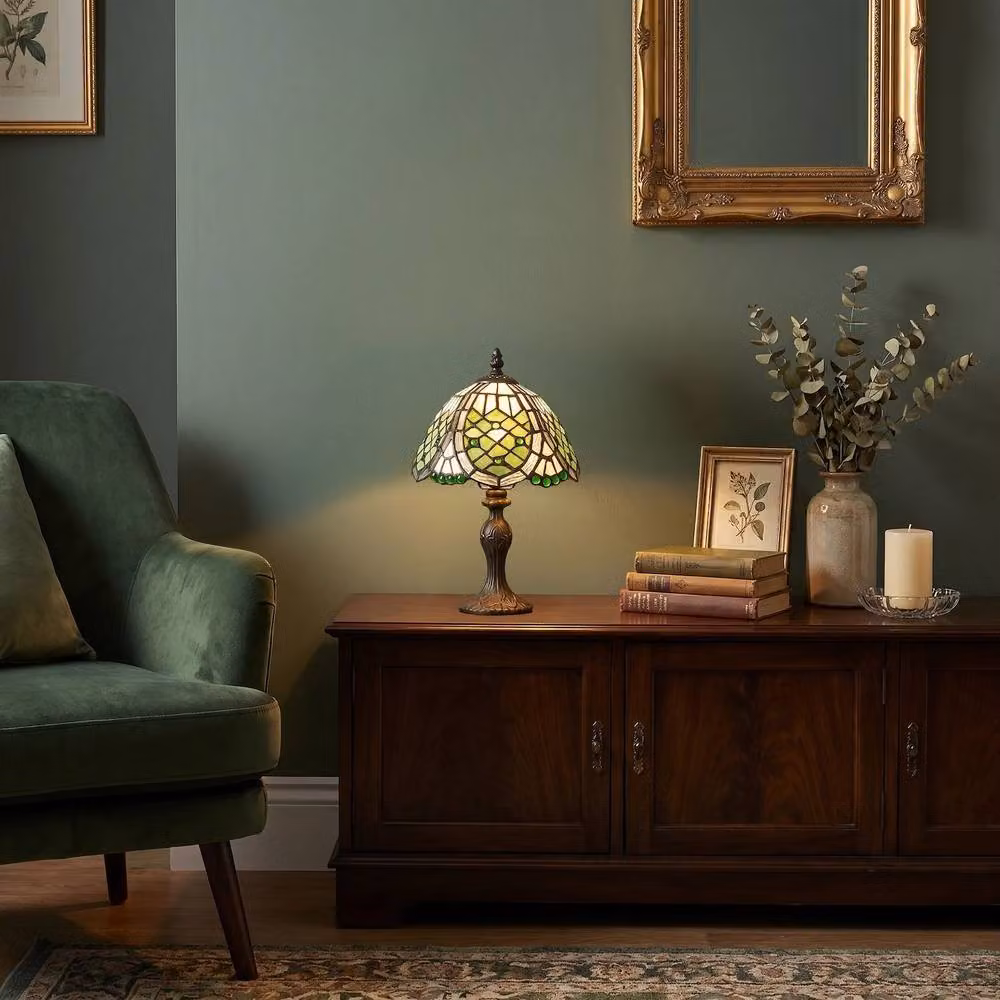 Happy Homewares Handmade Beaded Stained Glass Tiffany Table Lamp in Green – 3
